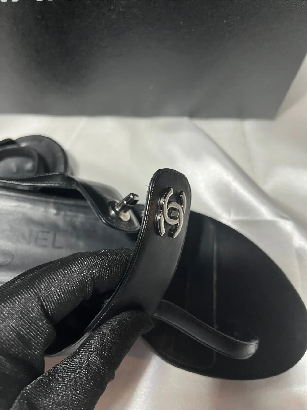 CHANEL Black Leather Thong Sandals with CC Medallion